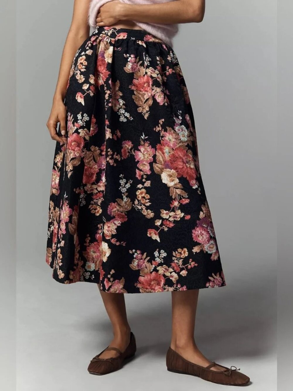 Maeve The Jacie Floral Jacquard Midi Skirt Dark Romantic Bohemian in Black S